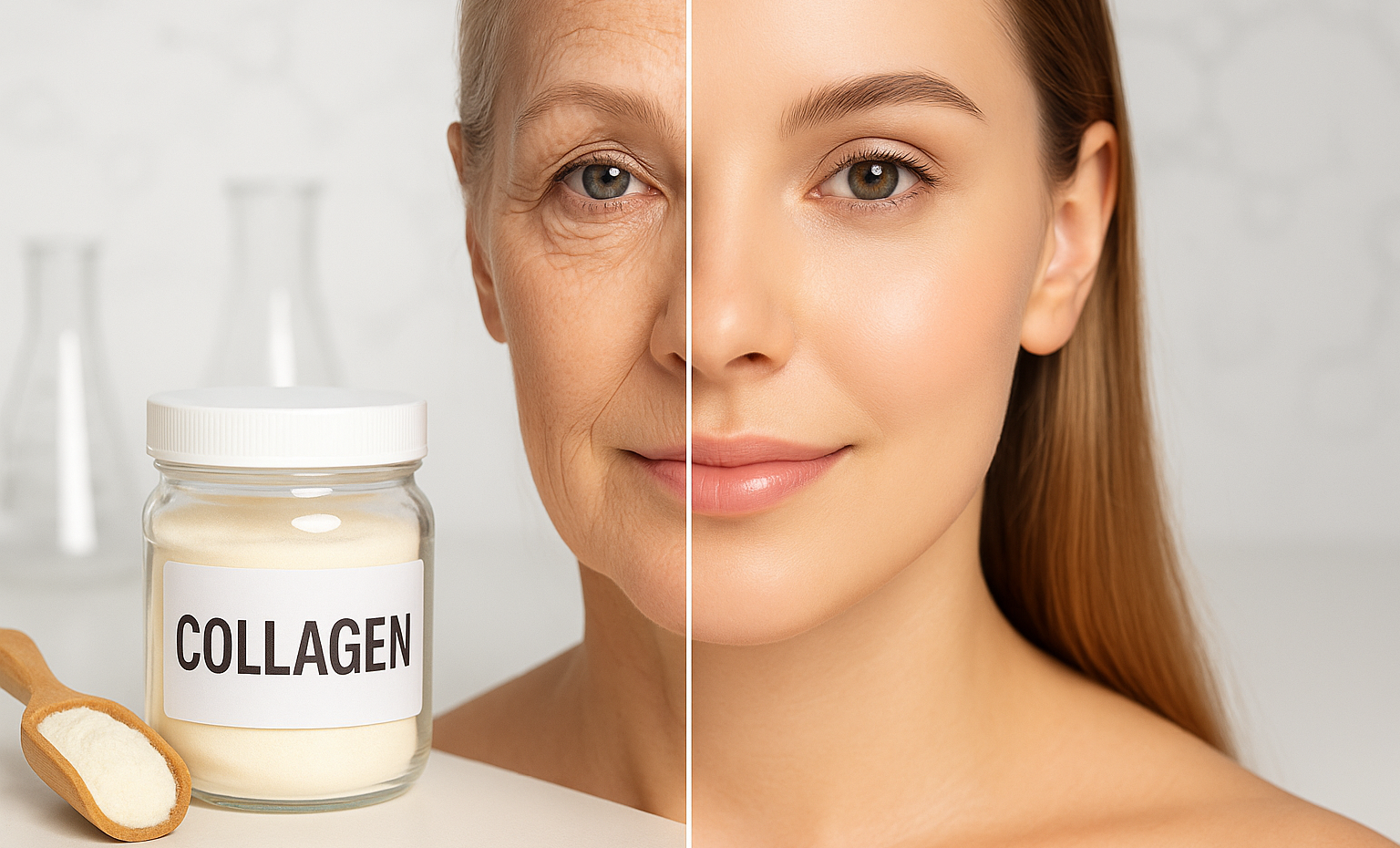 Visible Benefits of Collagen: Youthful Skin from Within - YSH Group A split-screen image showing a close-up of a woman's face, with the left half subtly aged with fine lines and the right half appearing smooth and youthful. In the foreground, a glass jar labeled "COLLAGEN" and a wooden scoop of collagen powder are placed on a white surface. The background features soft-focus laboratory glassware, suggesting a scientific skincare setting.