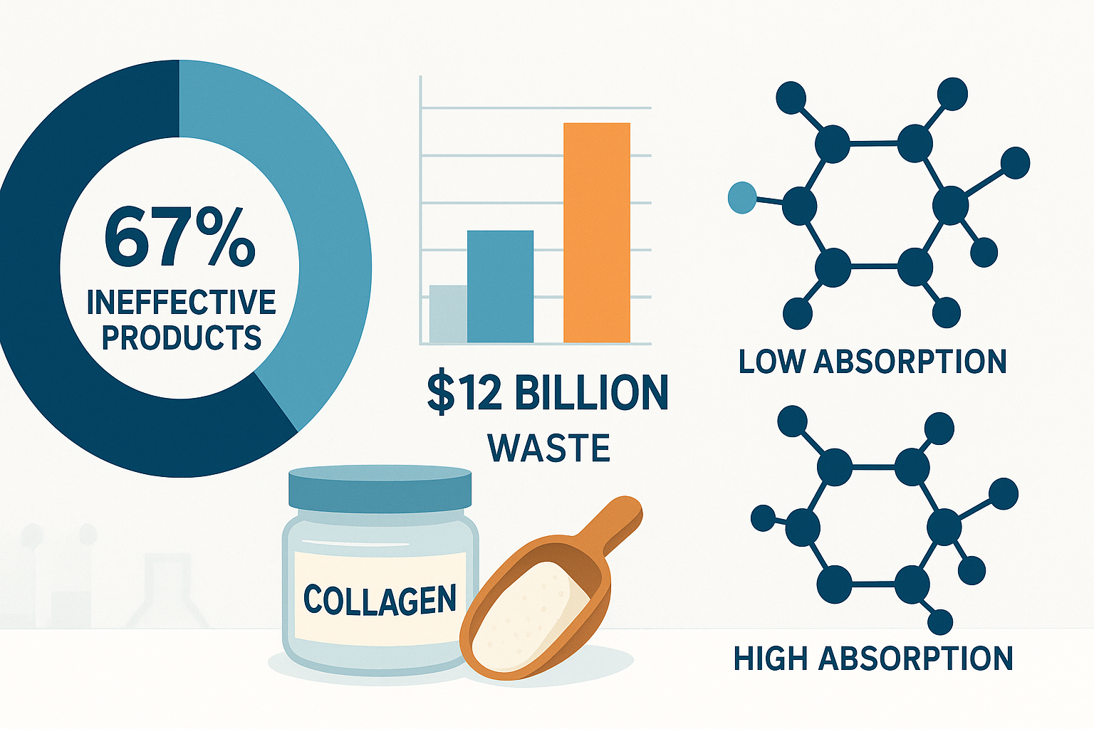 The Hidden Cost of Ineffective Supplements - YSH Group Infographic showing a pie chart indicating 67% of products are ineffective, a bar graph illustrating billion in wasted spending, and molecular diagrams comparing low and high absorption. A collagen supplement jar and scoop are featured in the foreground with a subtle lab-themed background.