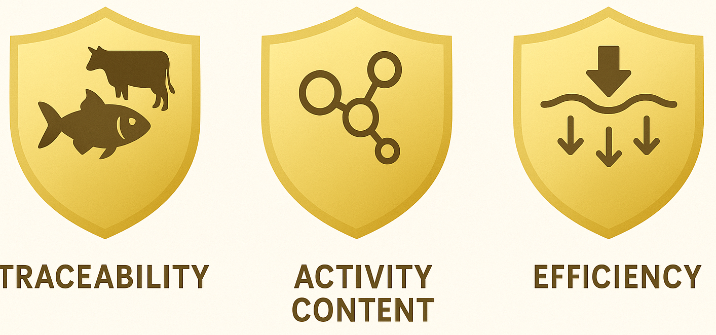 Gold Standards for Supplement Excellence - YSH Group Three golden shield icons displayed side by side on a light background. The first shows a fish and cow for traceability, the second shows a molecular structure representing activity content, and the third shows downward arrows indicating absorption efficiency.