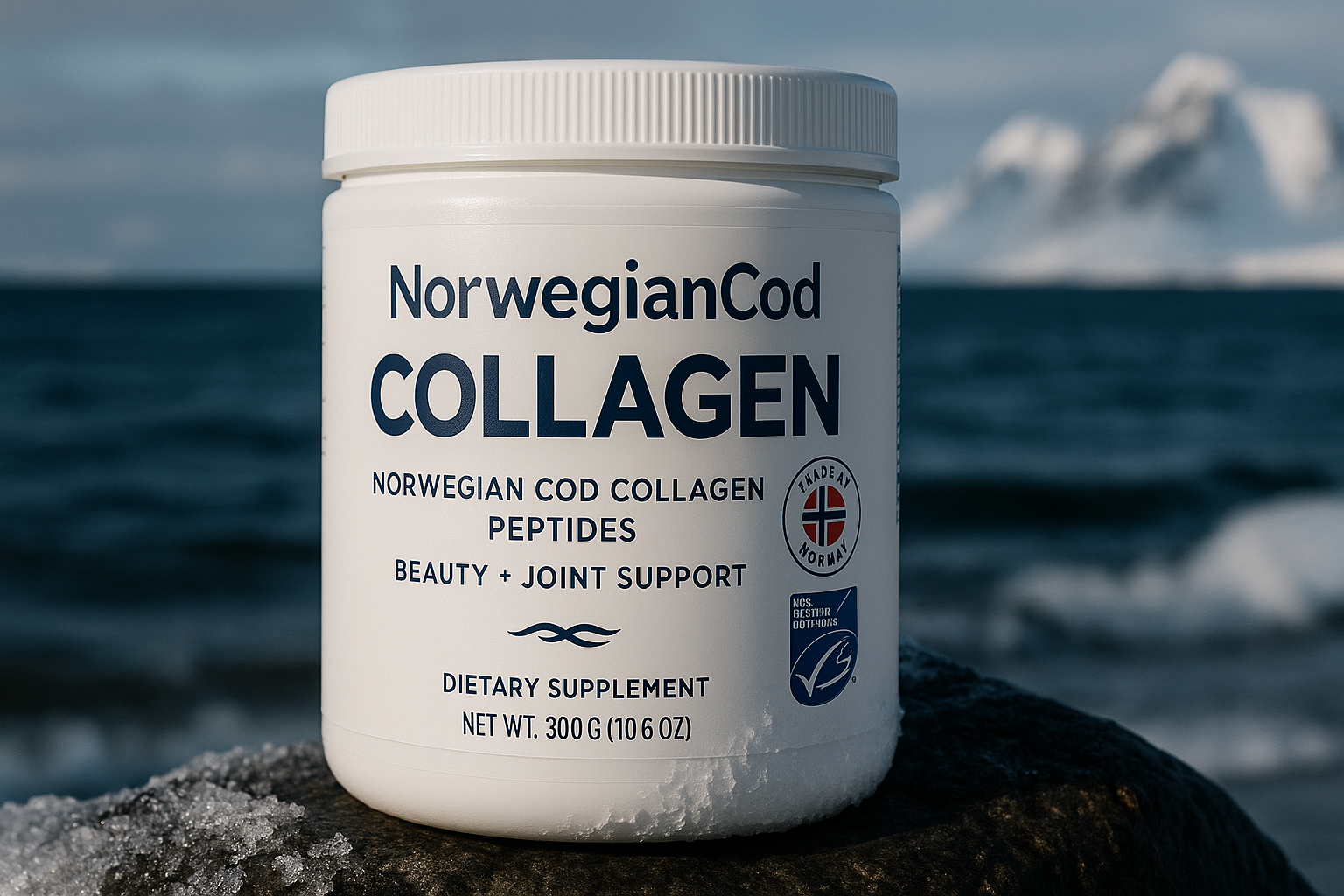 Premium Norwegian Cod Collagen – Arctic-Sourced Purity - YSH Group NorwegianCod Collagen container on icy rock with Arctic ocean and snowy mountains in the background.