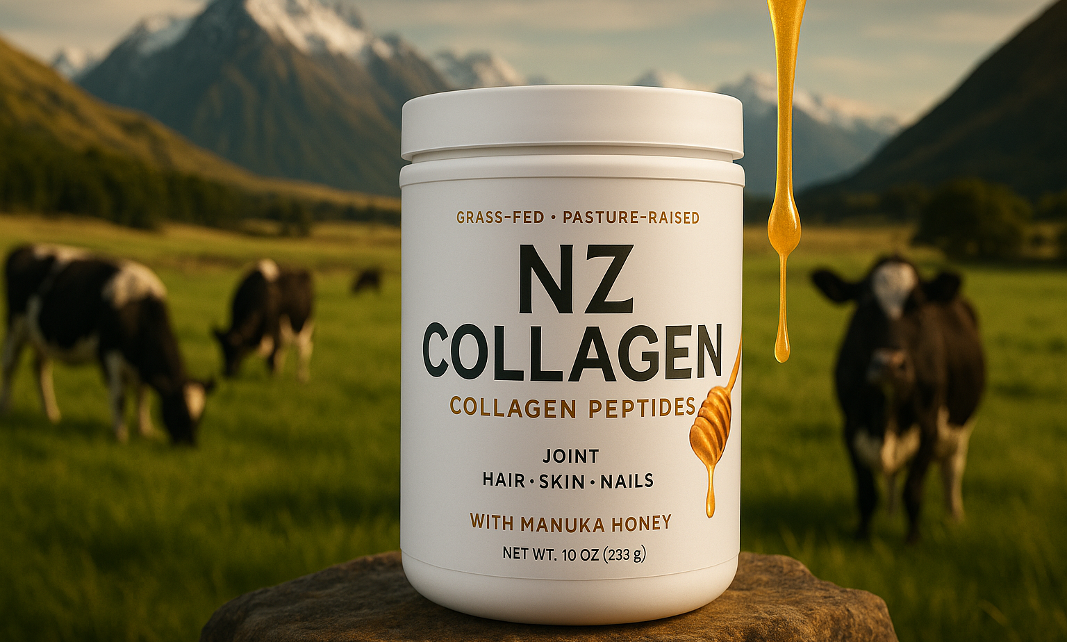 NZ Collagen with Manuka Honey – Grass-Fed Wellness - YSH Group NZ Collagen container with Manuka honey and grass-fed cows in a New Zealand mountain valley.