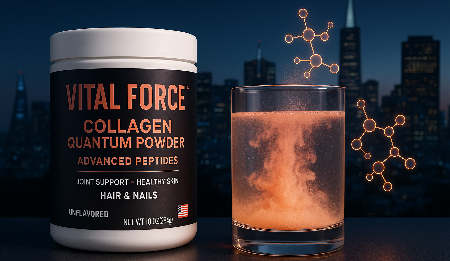 Vital Force™ Collagen – Tech-Enhanced Wellness - YSH Group Vital Force Collagen Quantum Powder dissolving in water with tech skyline and molecular icons.