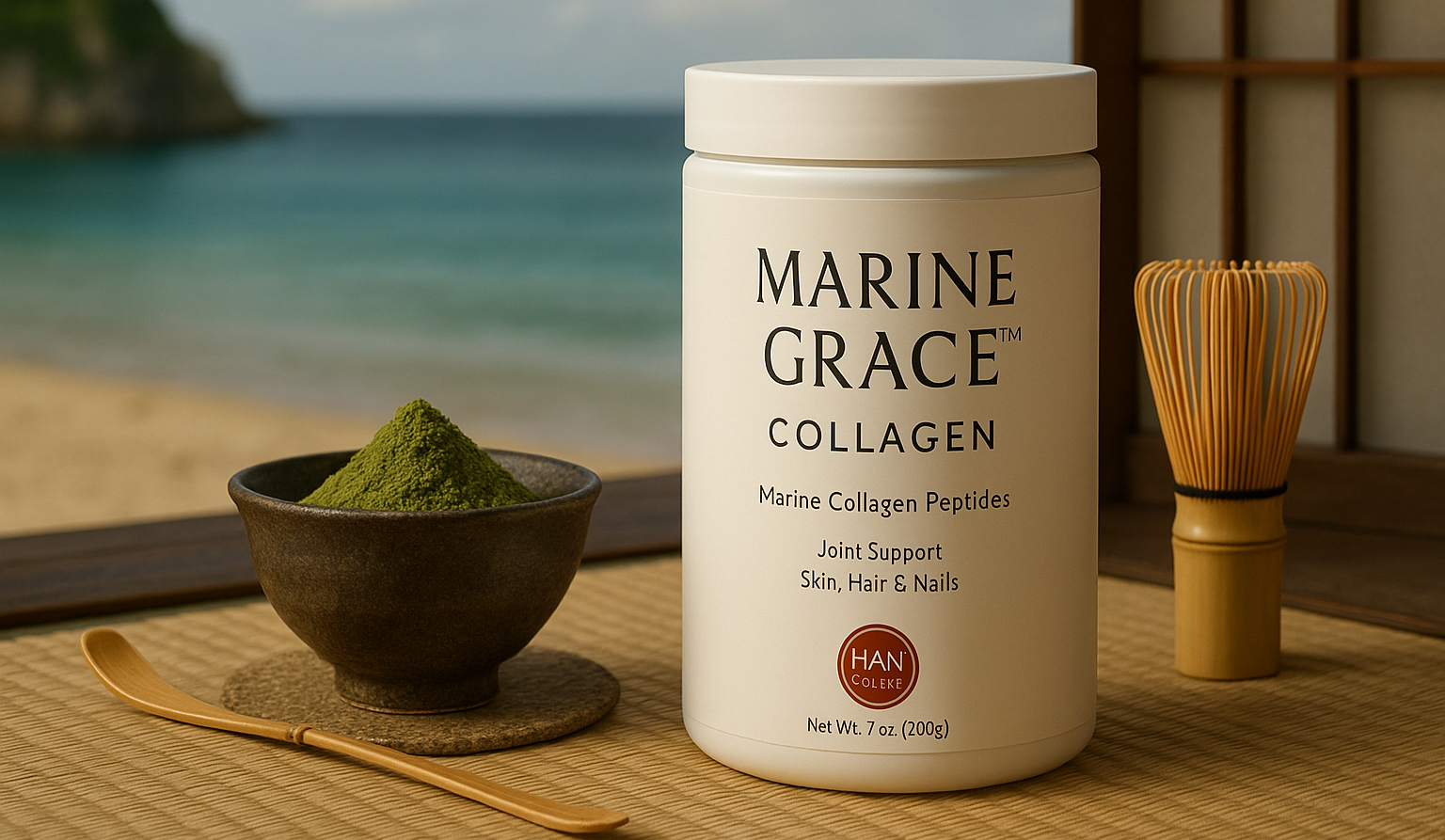 Marine Grace™ Collagen – Okinawan Zen Beauty - YSH Group Marine Grace collagen container with matcha, tea tools, and Okinawa beach background.
