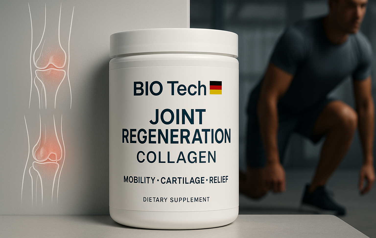 BIO Tech™ Collagen – German Joint Precision - YSH Group BIO Tech Joint Regeneration Collagen with joint diagram and athlete in background.
