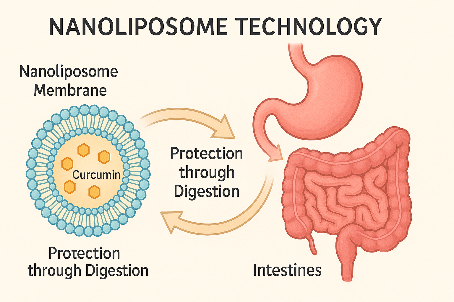 Nanoliposome Technology: Protecting Curcumin Through Digestion - YSH Group Diagram showing how nanoliposomes encapsulate curcumin and protect it through the digestive system, with labeled sections of the nanoliposome, stomach, and intestines.