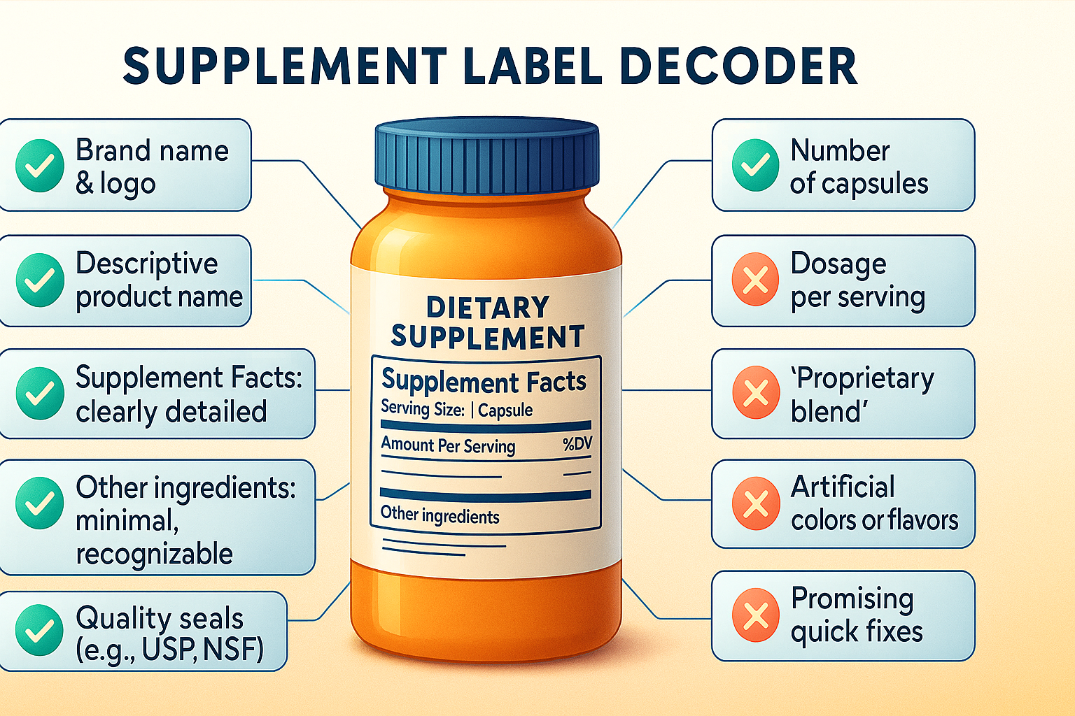 Supplement Label Decoder: A Visual Guide to Smarter Choices - YSH Group Polished infographic showing a supplement bottle with annotated checkmarks and cross marks pointing out what to look for and avoid on supplement labels.