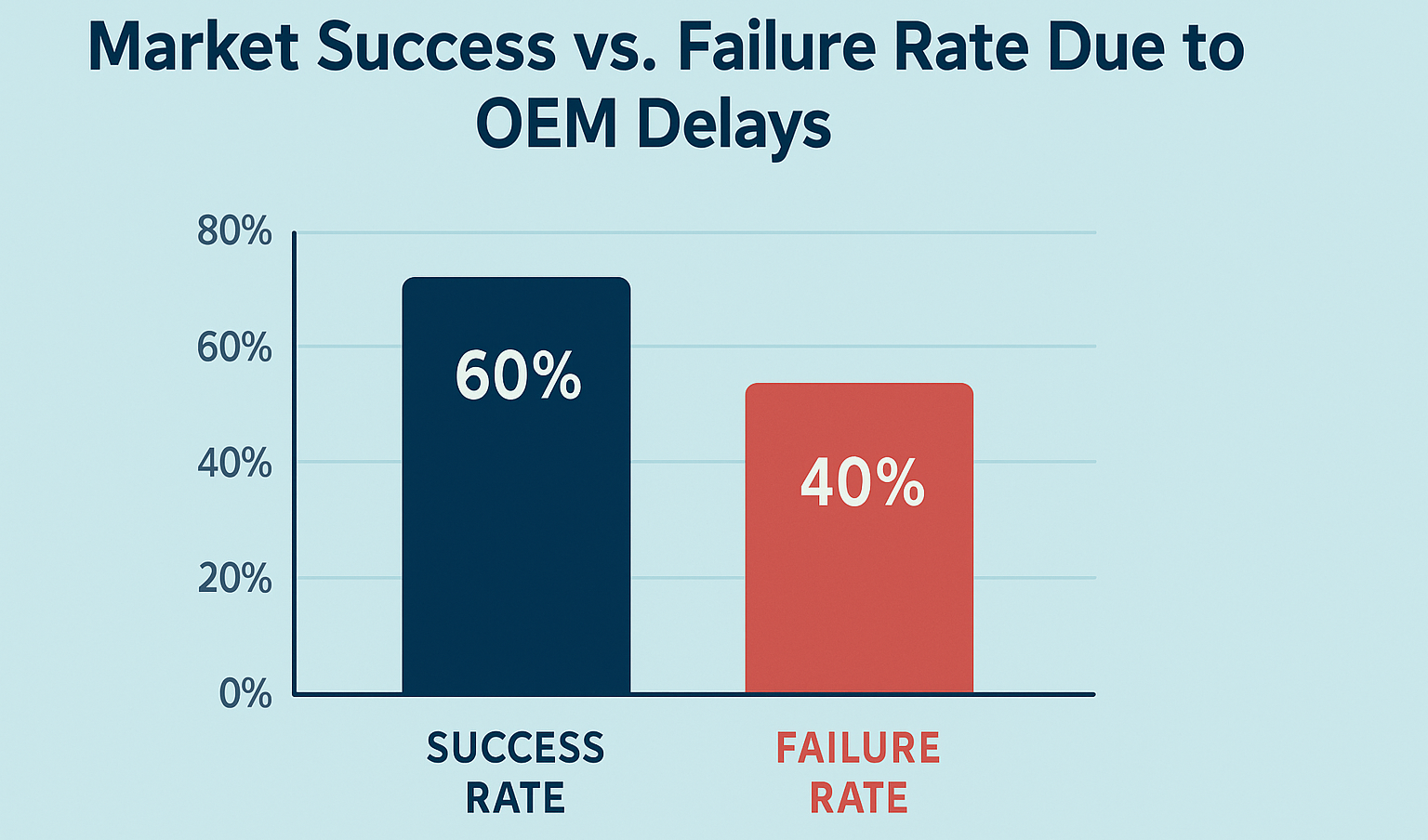Market Impact of OEM Delays - YSH Group Bar chart showing 60% market success and 40% failure due to OEM delays.