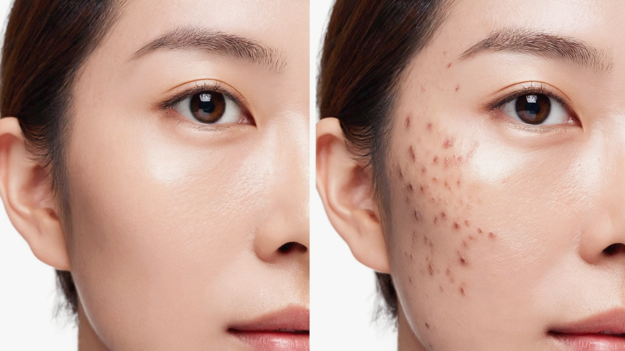 Before/after comparison showing UV damage and sugar effects on skin aging. - YSH Group Before/after comparison showing UV damage and sugar effects on skin aging.