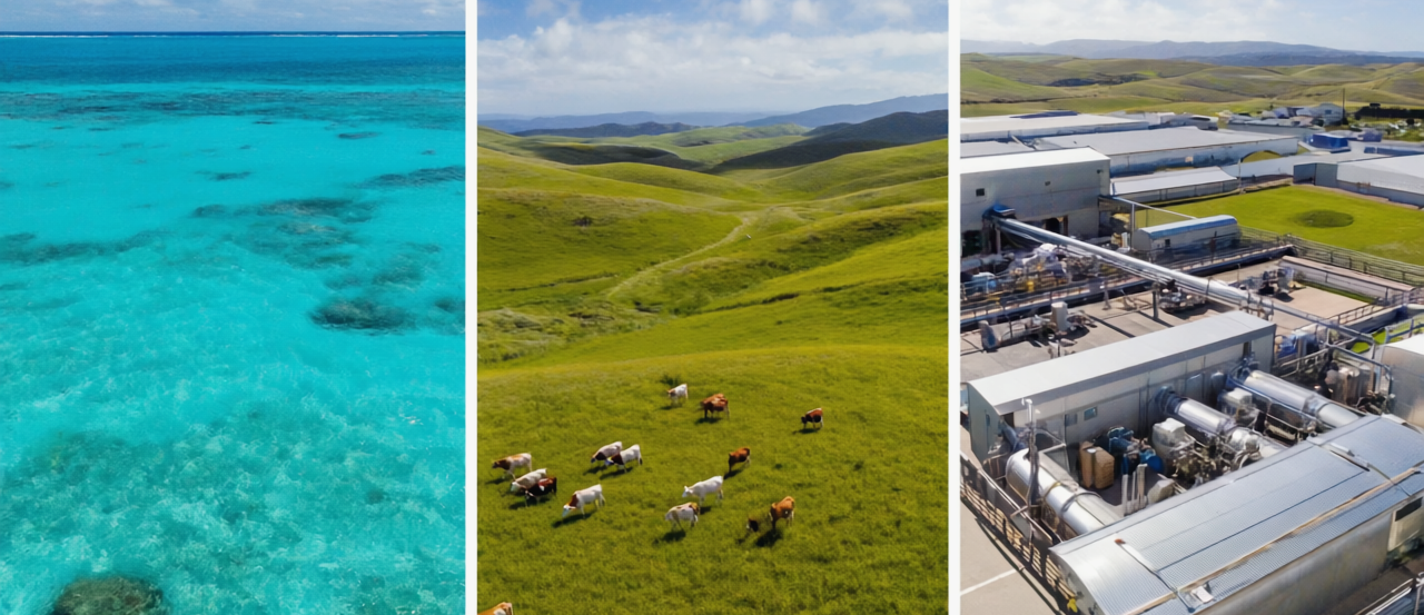 From Ocean to Industry: Three Landscapes of Modern Life - YSH Group Three-panel image showing turquoise ocean waters with coral formations, green rolling hills with grazing cattle, and an aerial view of a modern industrial facility with metal buildings and equipment.