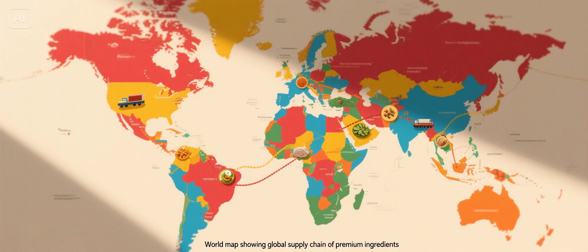 Global Ingredient Sourcing Map - YSH Group World map with icons showing the global supply chain of premium ingredients.