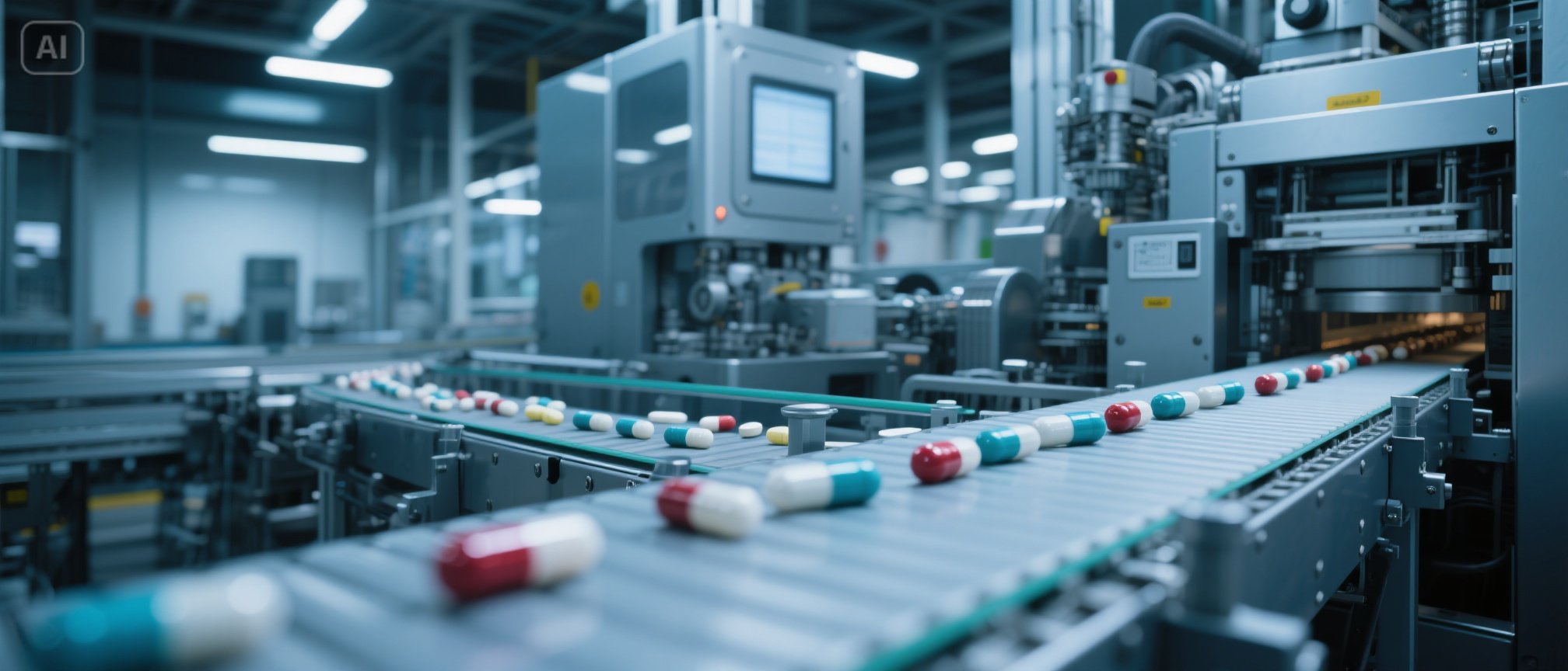 Automated Supplement Production Line - YSH Group Capsule supplements on a conveyor belt in a modern manufacturing facility.