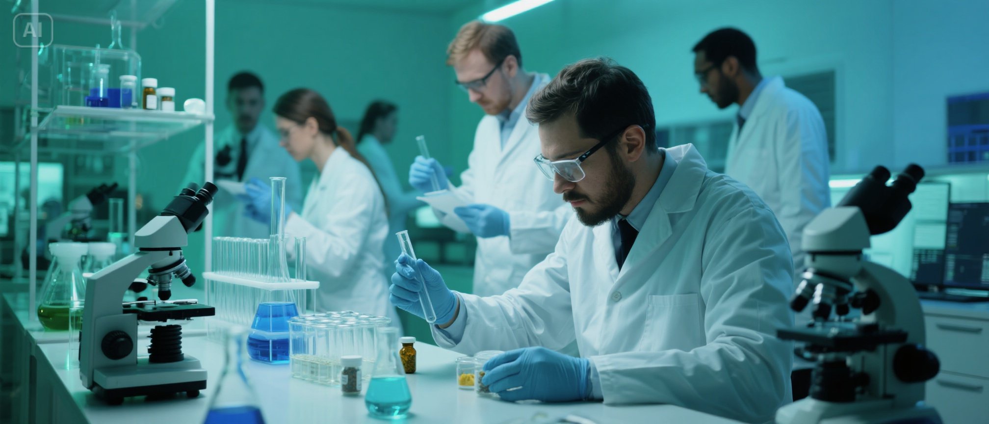 Formulating Future Supplements - YSH Group Scientists in lab coats working on supplement formulation.
