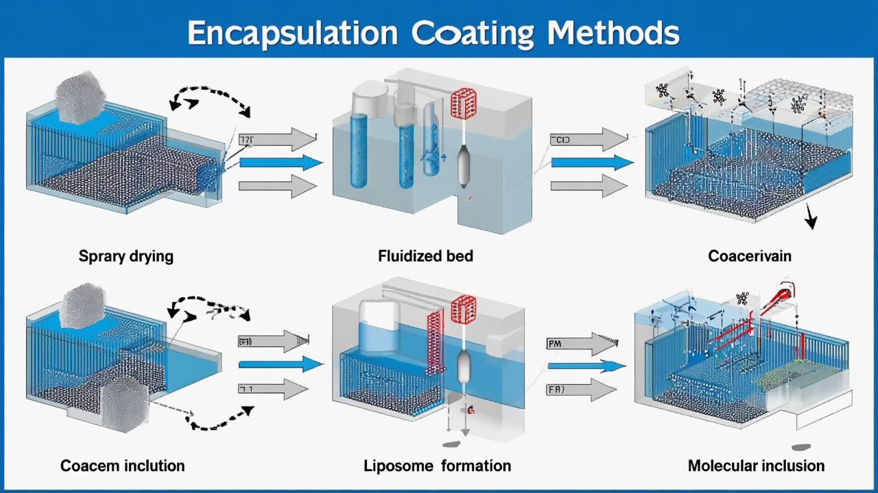 Encapsulation Coating Methods Comparison - YSH Group A diagram illustrating various encapsulation coating methods, including spray drying, fluidized bed, coacervation, coacem inclusion, liposome formation, and molecular inclusion.