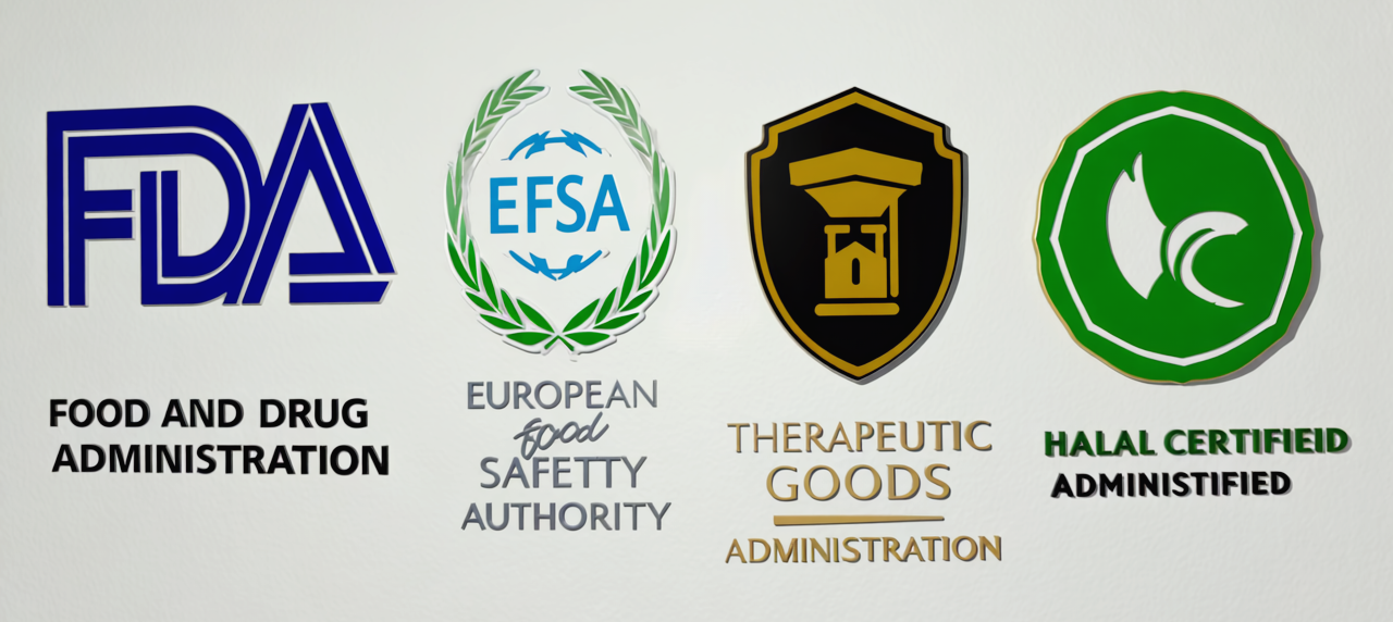 Global Certification Logos - YSH Group Logos of FDA, EFSA, TGA, and Halal certification authorities side by side.