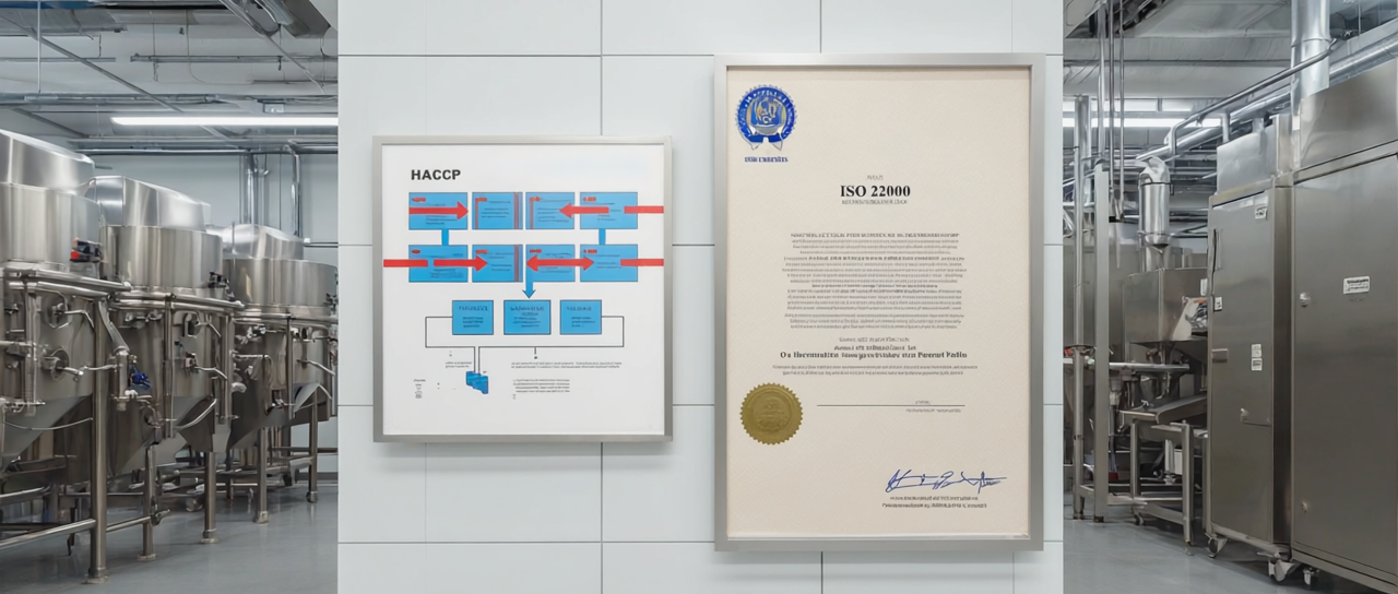 Certified for Safety and Quality – ISO 22000 & HACCP - YSH Group ISO 22000 and HACCP certifications displayed in a food-grade manufacturing facility.