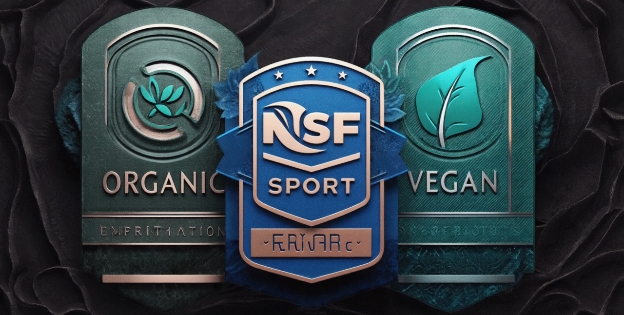Product Quality & Lifestyle Certifications - YSH Group Organic, NSF Sport, and Vegan certification-style badges on a textured dark background.