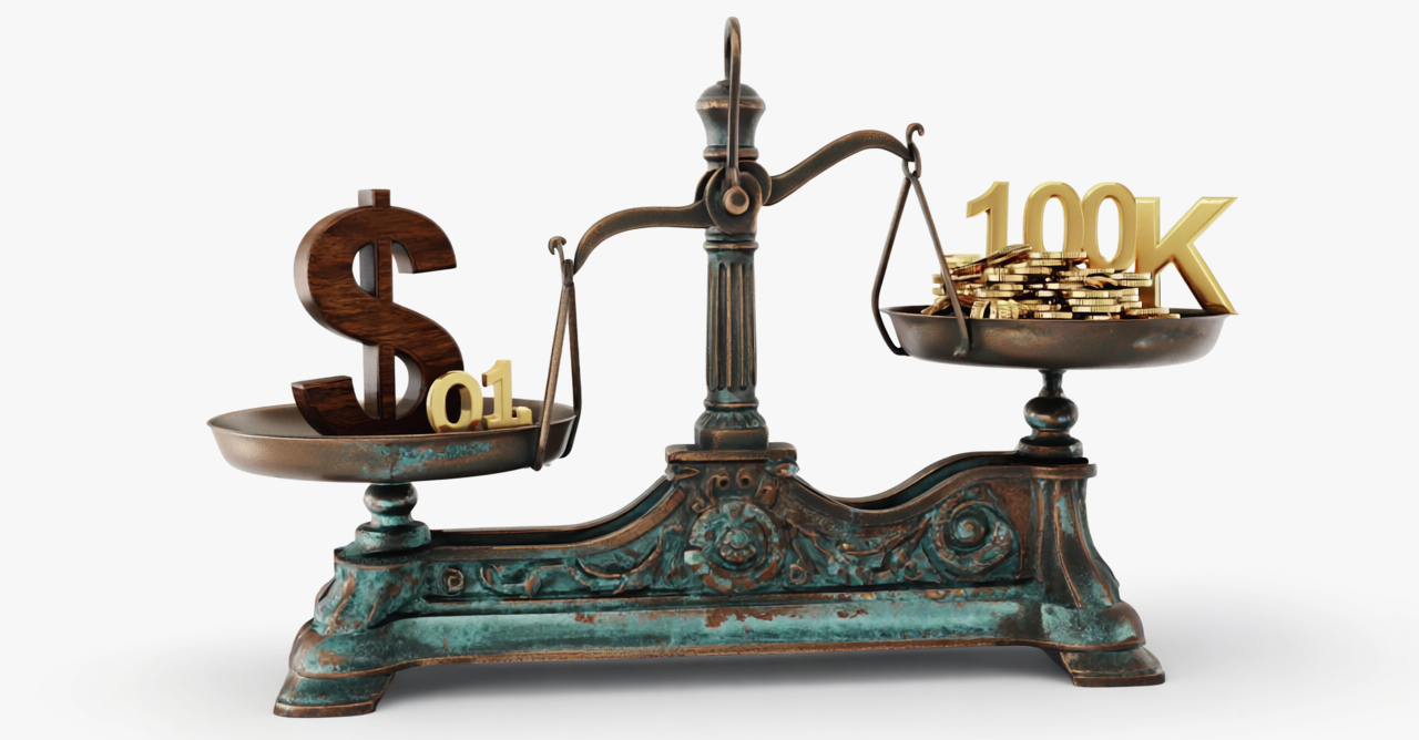 "The Cost of Cutting Corners: A False Economy" - YSH Group An ornate antique bronze balance scale on a white background with a small wooden dollar sign and "0.1" on the left side, heavily outweighed by gold coins and a "100K" symbol on the right side.