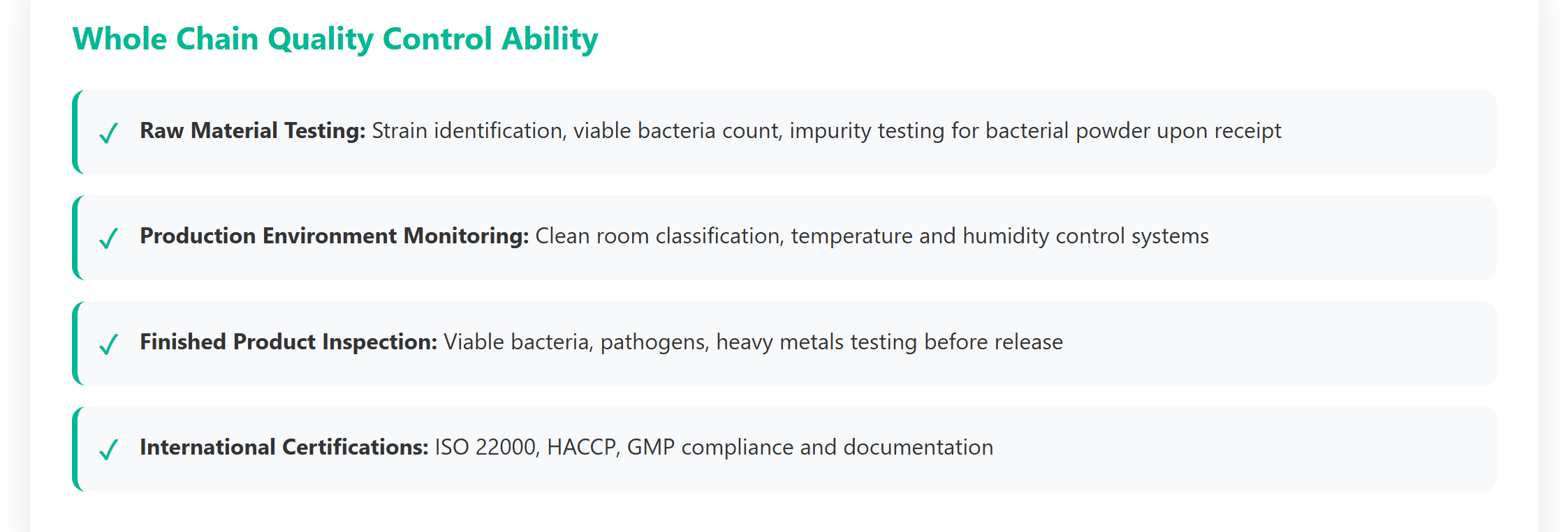 Quality Control Abilities - YSH Group Text outlining control abilities including identification, viable bacteria count, impurity testing, clean room monitoring, pathogen and heavy metals testing, and compliance with ISO 22000, HACCP, and GMP.