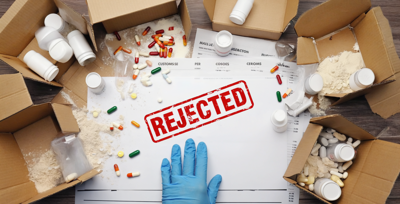 Supplement Shipment Rejected by Customs - YSH Group Customs rejection of supplement shipment with spilled pills and powders.