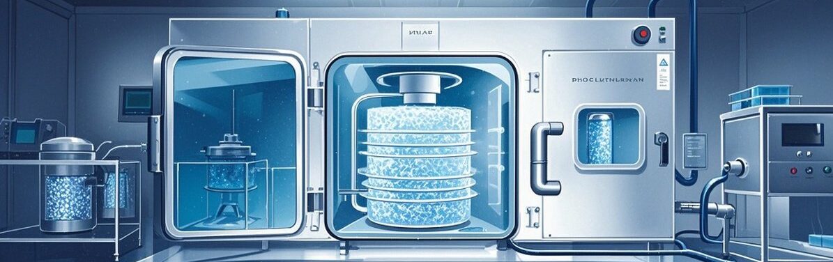 Probiotic Lyophilization Process in Action - YSH Group Sterile laboratory with advanced lyophilization (freeze-drying) equipment processing probiotic cultures.