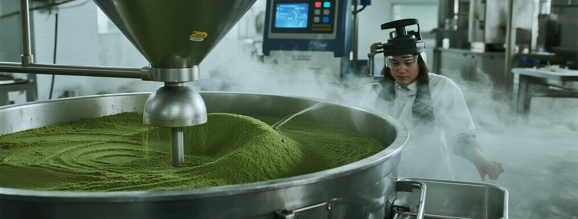 Liquid Nitrogen Matcha Grinding in Modern Processing Facility - YSH Group A woman in protective gear monitors matcha powder being processed in a stainless steel chamber using advanced liquid nitrogen cooling technology.