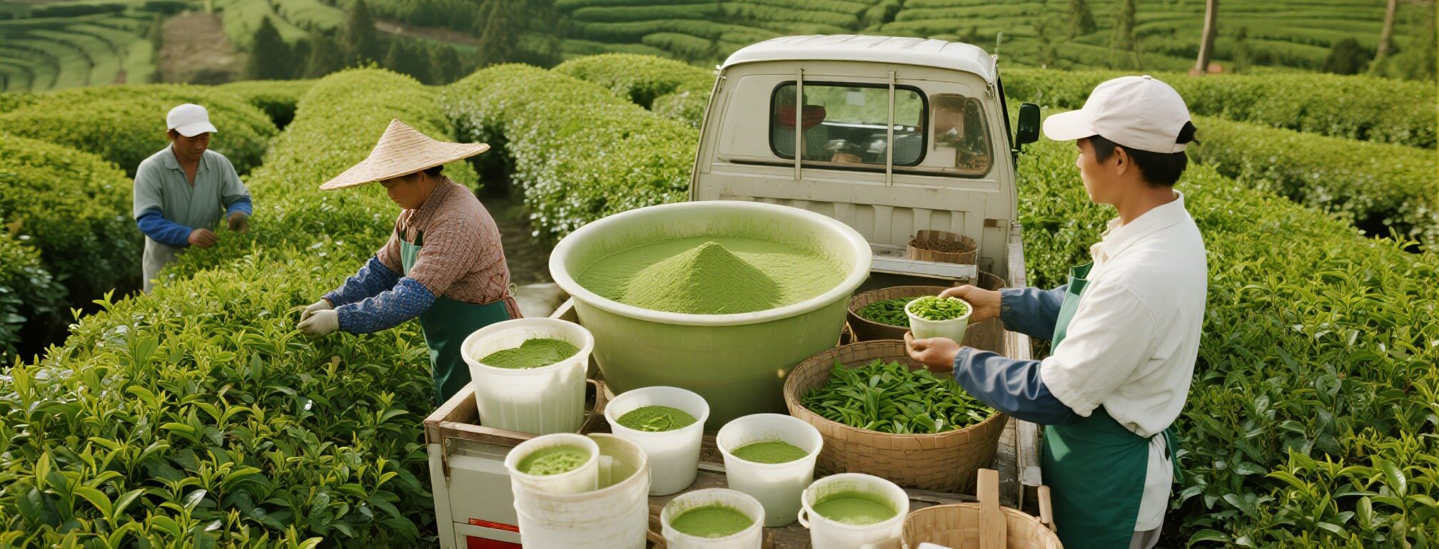 Traditional Green Tea Harvest & Matcha Powder Processing in Scenic Farmland - YSH Group Workers harvesting green tea leaves and processing matcha powder in a lush tea plantation with buckets of green powder and fresh leaves near a small truck.