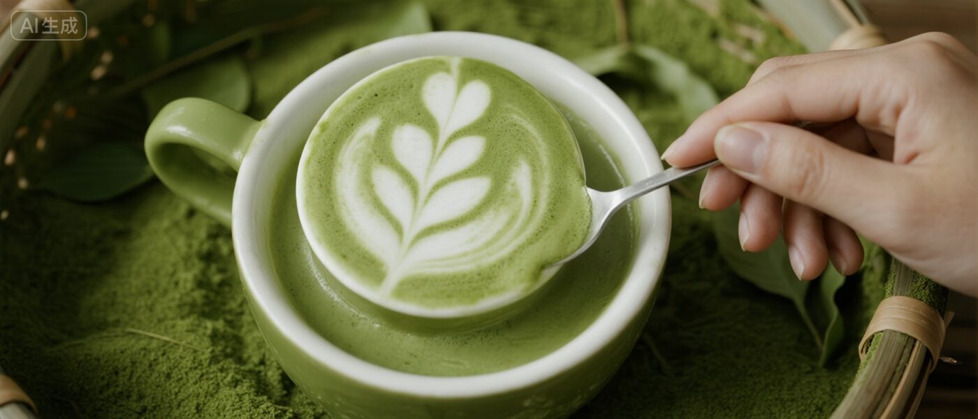 A hand holding a spoon above a cup of matcha latte with leaf-shaped latte art