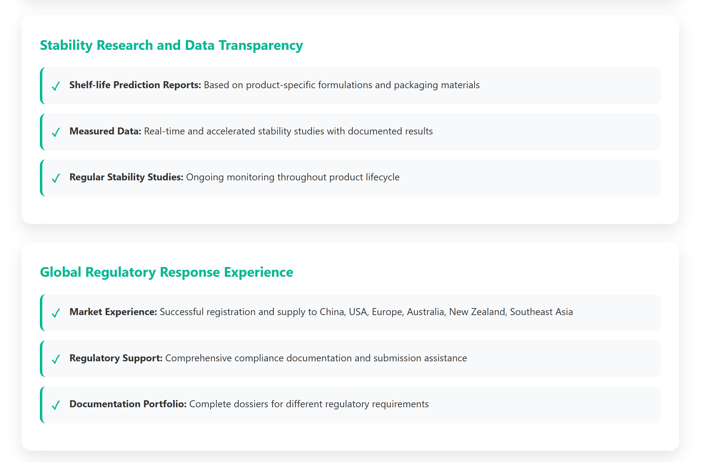 Research, Data, and Regulatory Experience - YSH Group Text describing "Research and Data Transparency" including prediction reports, stability data, and ongoing stability studies. It also covers "Regulatory Response Experience" with successful registration and supply, comprehensive compliance support, and a complete registration portfolio.