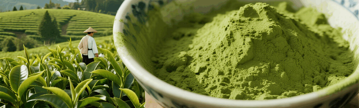 Close-up of vibrant green matcha powder in a ceramic bowl with a traditional tea farmer in a lush tea plantation in the background.