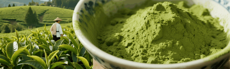 Close-up of vibrant green matcha powder in a ceramic bowl with a traditional tea farmer in a lush tea plantation in the background.