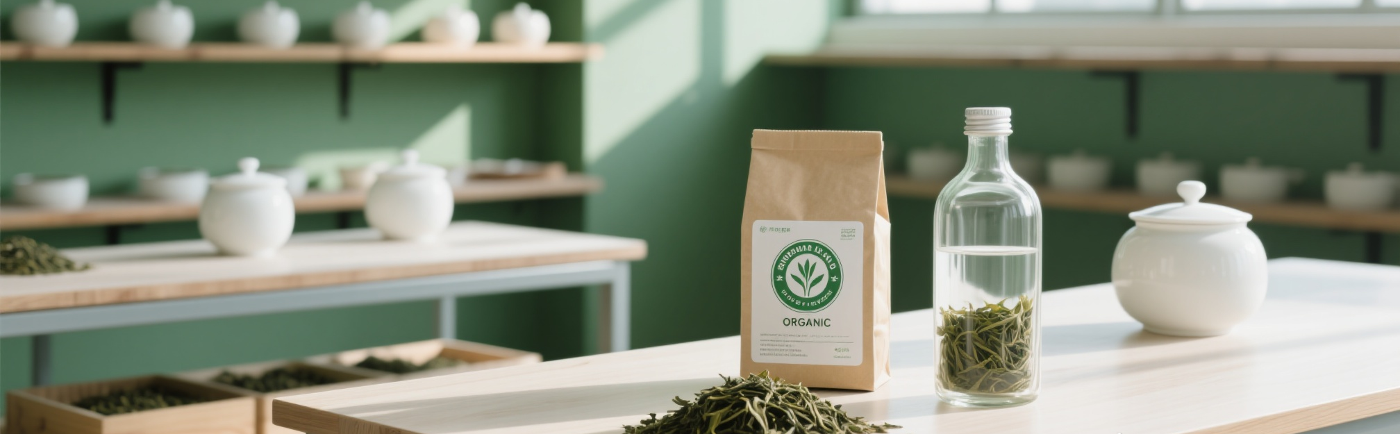 Modern tea shop interior with sunlight streaming in, featuring a bag of organic green tea, a glass bottle with tea leaves in water, and white porcelain tea jars on wooden tables.
