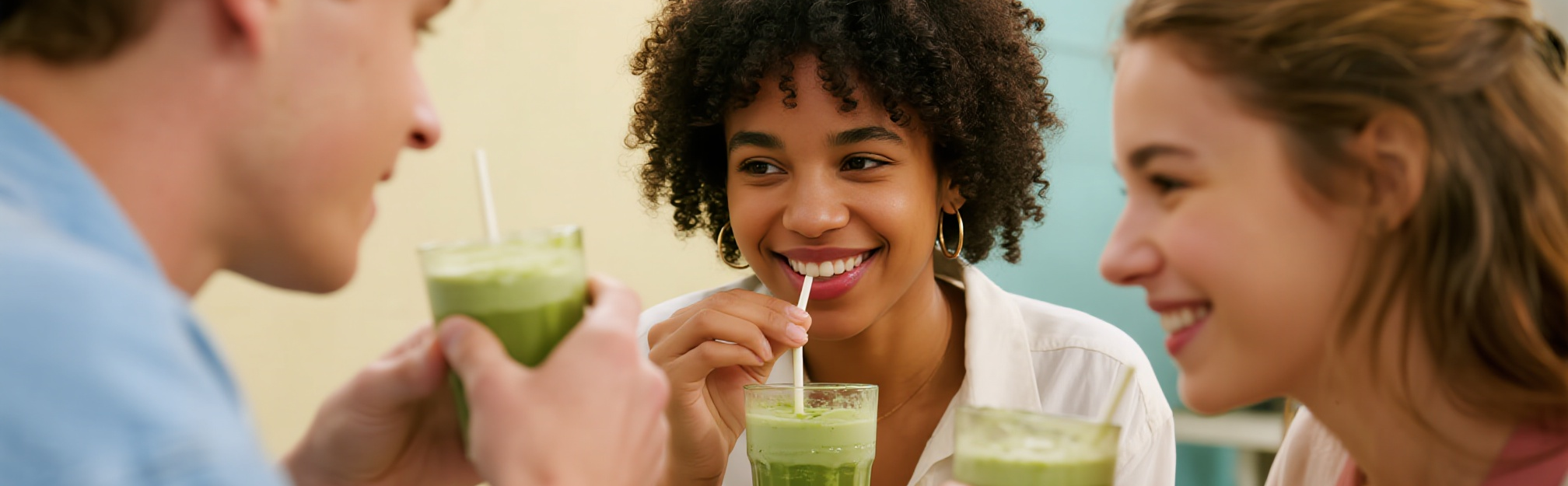 Three friends smiling and enjoying iced green matcha drinks together, creating a warm and joyful atmosphere.