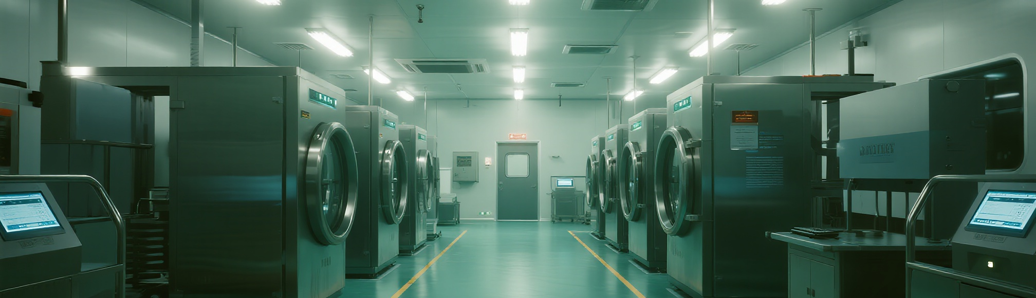 Modern industrial processing facility with rows of large stainless steel machines and integrated computer control panels under bright ceiling lights.