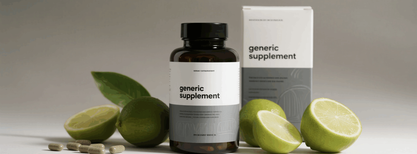Bottle and box of generic dietary supplement with fresh limes and capsules.