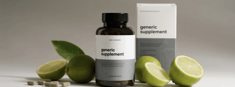 Bottle and box of generic dietary supplement with fresh limes and capsules.