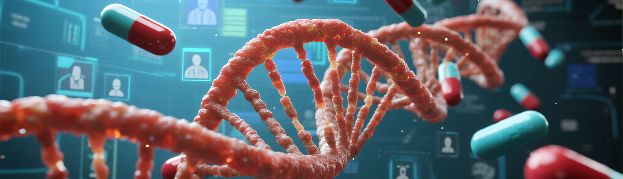 Genetic Breakthrough - YSH Group A vibrant red DNA helix twists across the frame, surrounded by floating red and teal pills and glowing blue holographic medical icons.