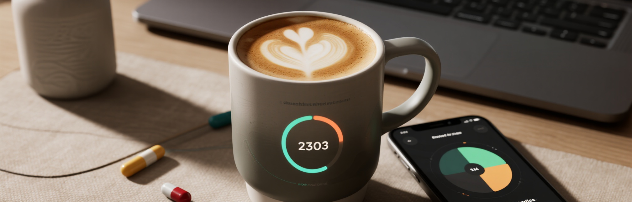 The Smart Brew - YSH Group A smart coffee mug displaying "2303" with a heart-shaped latte art, next to a laptop and smartphone.