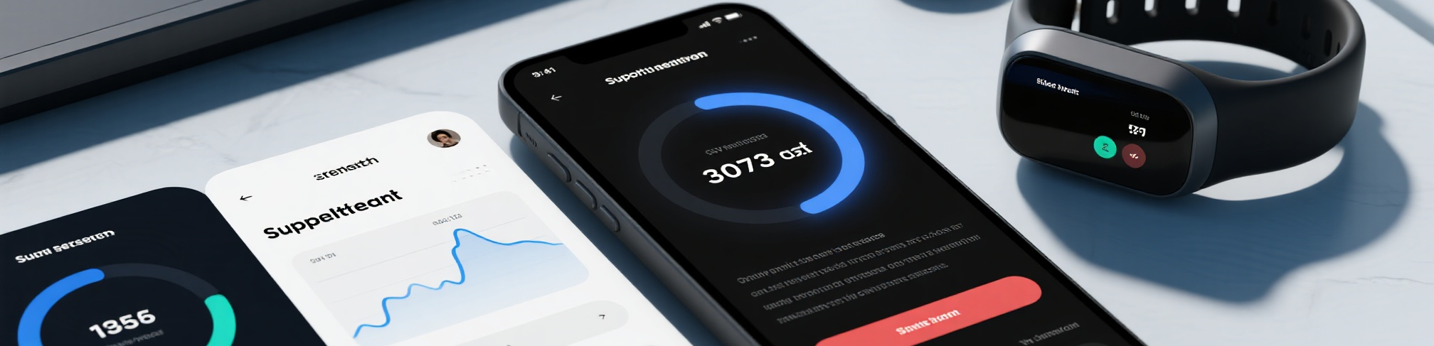 Connected Wellness - YSH Group A smartphone displaying a health app with a large blue progress circle showing "3073 ast" and another phone showing a blue line graph. A gold ring and a black smart device are in the background.