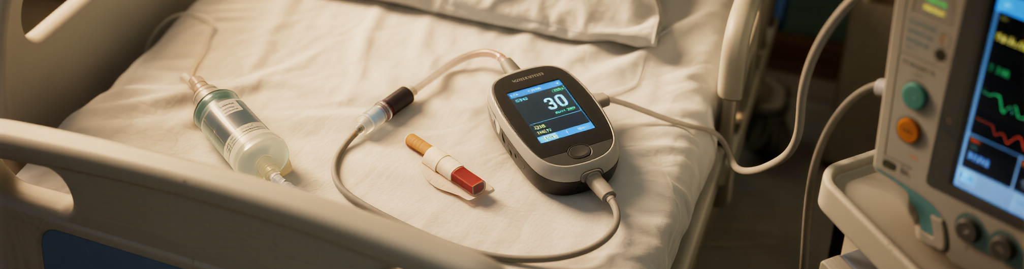 The Silent Monitor - YSH Group A continuous glucose monitor displaying data rests on a hospital bed, connected to a sensor and a device