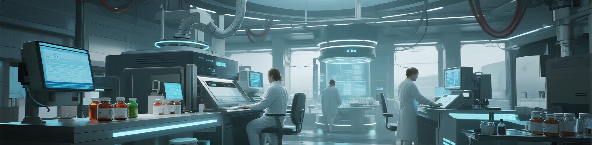 The Future of Discovery - YSH Group Scientists in lab coats work in a futuristic, brightly lit laboratory with glowing blue screens and advanced equipment.