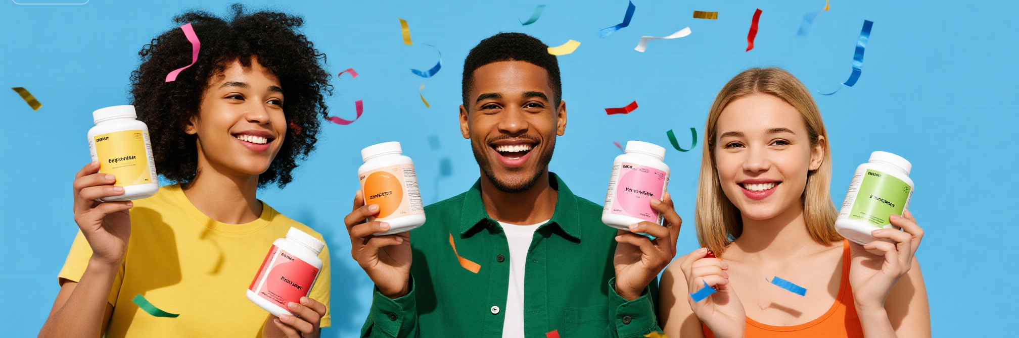 Pure Joy, Pure Health - YSH Group A smiling person holding two supplement bottles, with colorful confetti falling around them against a blue background.