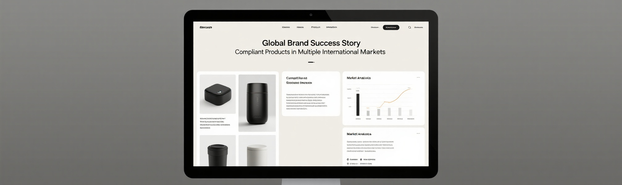 A computer monitor displaying a website titled "Global Brand Success Story" with product images and market analytics graphs.