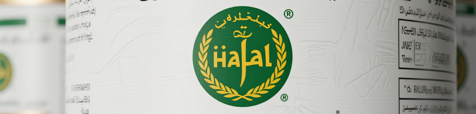 A close-up of a green and gold Halal certification logo on a white background with Arabic text.
