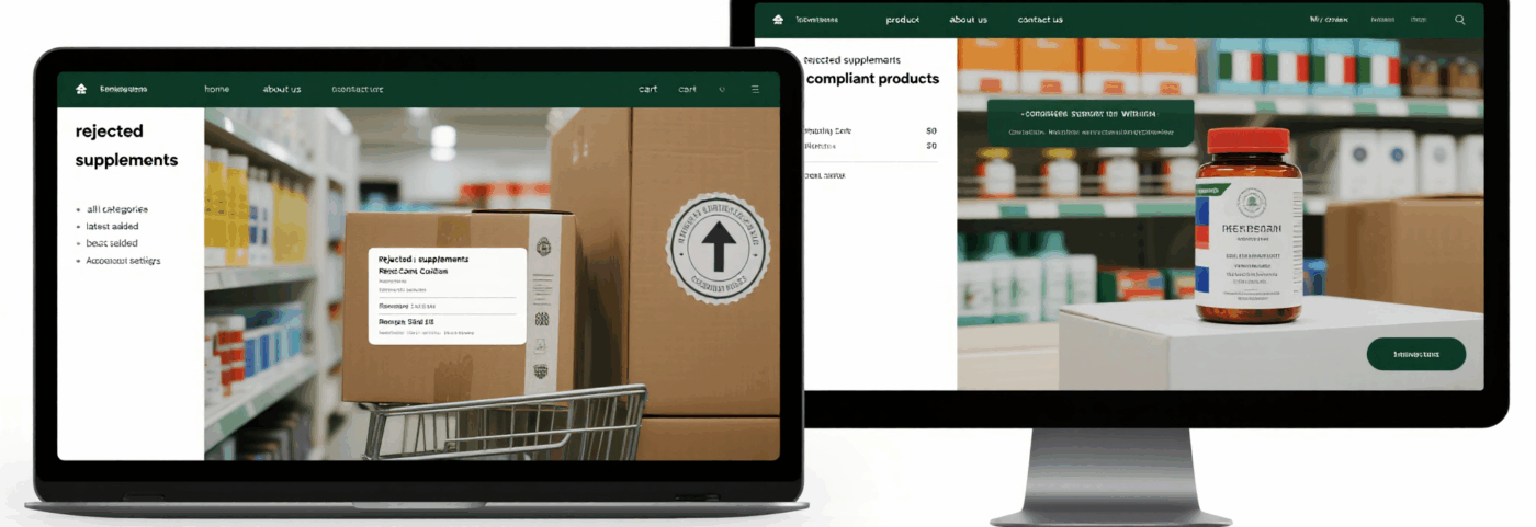 A split screen showing a laptop displaying a shipping box and a desktop monitor showing an e-commerce website with product listings.