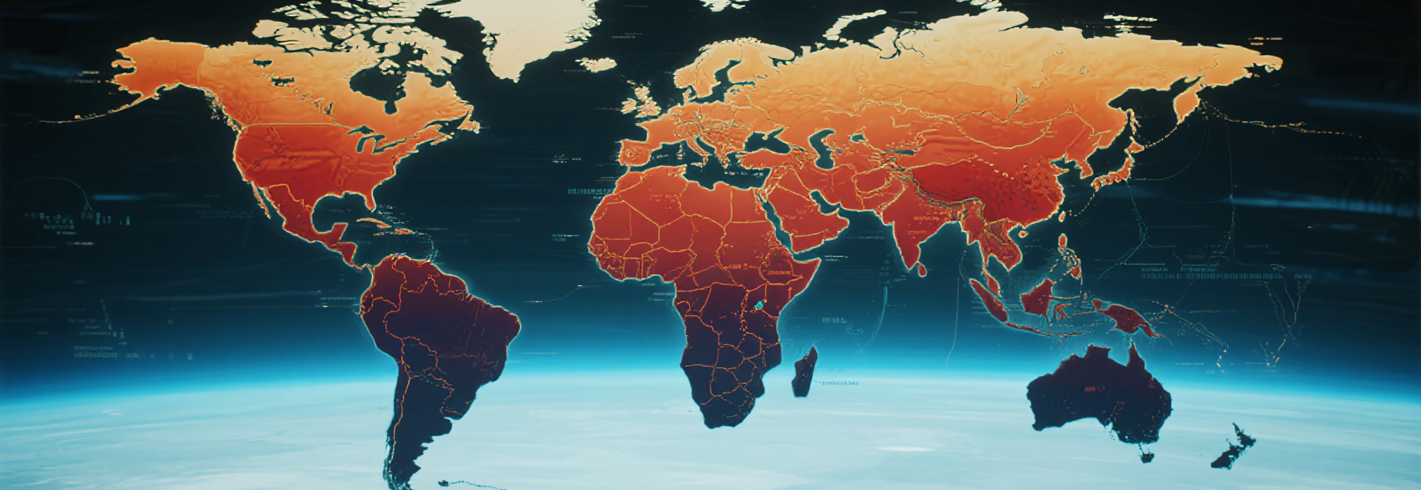 A digital world map with continents highlighted in warm orange and red tones against a dark blue background, with a light blue atmosphere below.